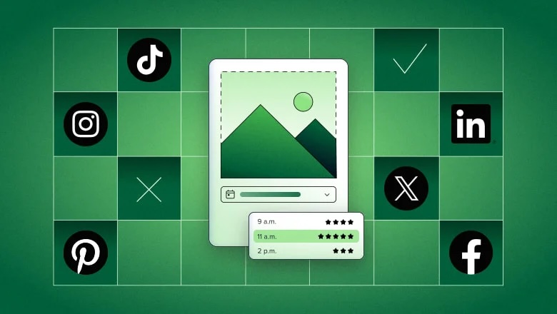 A graphic illustration of an image (represented by mountains and trees icon) surrounded by social media channel icons for TikTok, Instagram, X, Pinterest, LinkedIn and Facebook. A popup window under the image displays three possible publishing times and star ratings (9 a.m. and 2 p.m. each with four stars, and 11 a.m. with five stars)