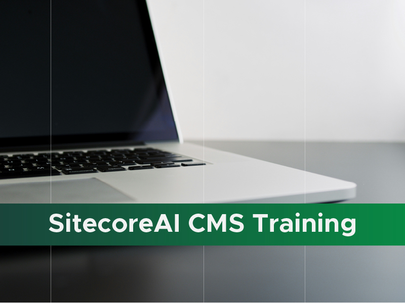 A laptop sits on a desk. A green banner appears across the image with white text reading "SitecoreAI CMS Training."