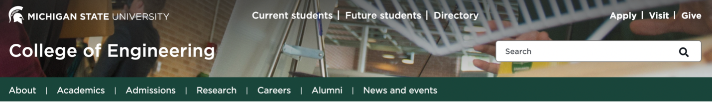 The main navigation from the College of Engineering website