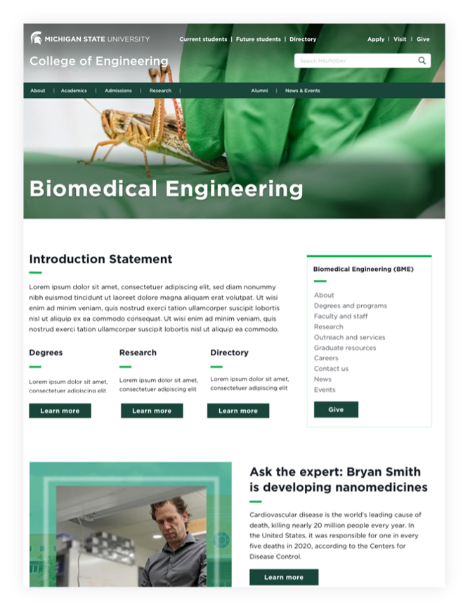 A screenshot of the Department of Biomedical Engineering website home page