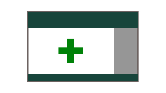 A rectangle with green bars at the top and bottom representing a header and footer and a gray vertical bar on the right representing a side menu panel. A bright green plus sign sits on the middle of the main white space. 