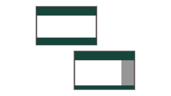 Two icon illustrations of webpages. One is a rectangle with dark green bars at the top and bottom to represent the header and footer. The second is a duplicate of the first but adds a grey vertical bar on the right side to indicate a sidebar menu.