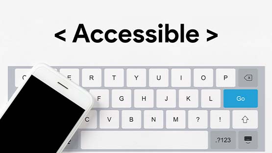 A digital tablet screen displays "<Accessible>" on the content panel below a search bar. An on-screen keyboard appears at the bottom. A white iPhone is lying on top of the tablet.
