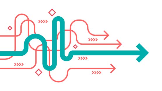 An illustration of turquoise and coral colored arrows shows different pathways to a goal.