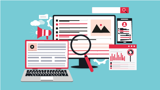 Illustration showing a laptop and desktop display, web pages, a magnifying glass, a tablet and a search bar