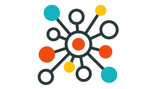 An illustration of hub and spoke model: turquoise, yellow, red orange and white circles are connected by black lines.