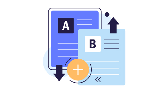 An illustration of two versions of a document. One is dark blue and labeled A. The second is light blue and labeled B. 