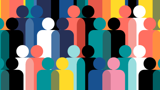 An illustration showing diversity. Peg-shaped people figures appear in many colors.