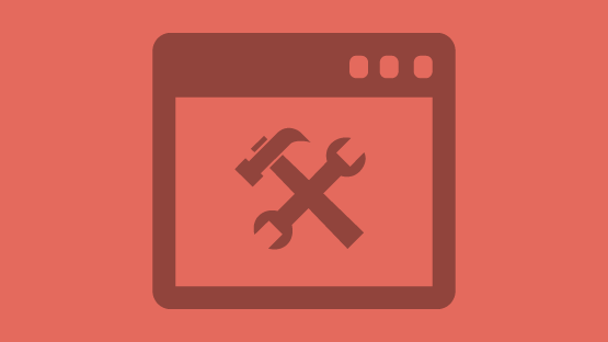 An illustrative icon of a web browser window containing a hammer and wrench on a coral colored background.