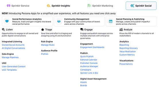 Screenshot of the Sprinklr menu featuring several columns of links to various features.