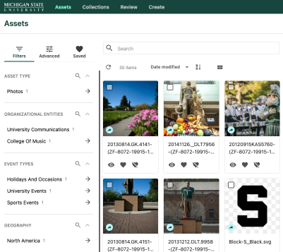 The Assets page, showing various search tools.