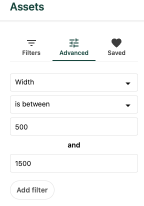 Settings for an Advanced filter for asset width are displayed. 