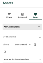 The “statues in the wintertime” saved search appears on the Saved tab of the Filters panel.