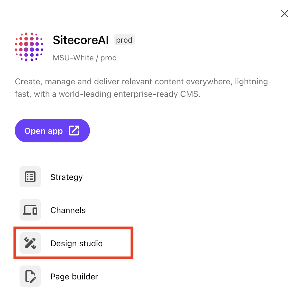 Design studio is outlined in red within a list of available apps