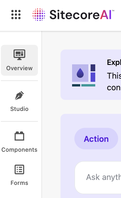 The Design studio tools menu includes: Overview, Studio, Components and Forms