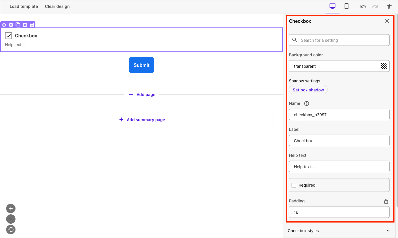 A checkbox field is selected on the left half of the screen. The checkbox field settings options panel appears on the right, outlined in red.