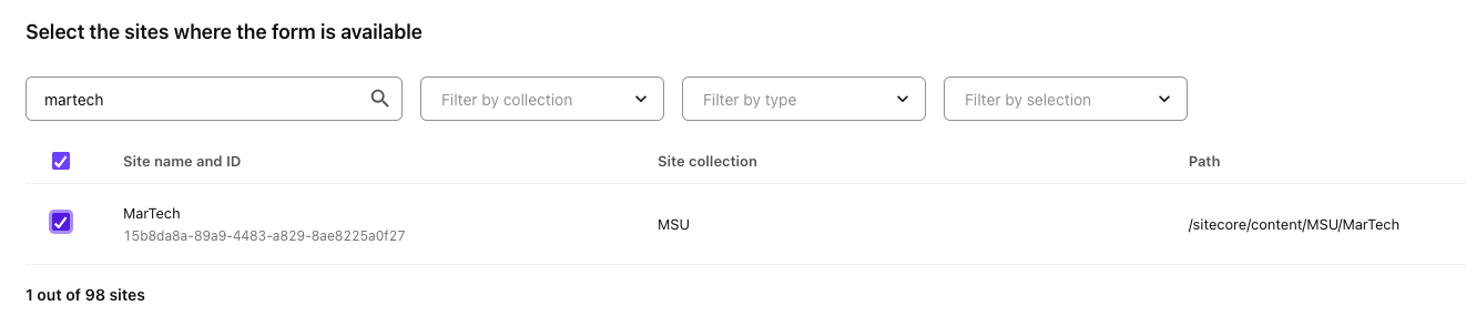 A purple checkbox appears to the left of the MarTech website, showing this form is available to that site.