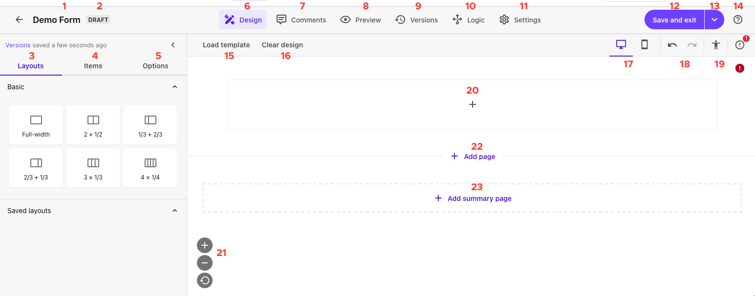 Menu icons on the forms edit panel are numbered 1 through 23, corresponding to the index provided on this page.