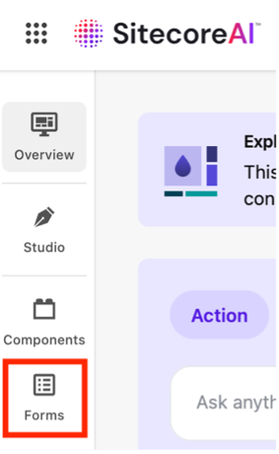 Forms appears at the bottom of a menu, below Overview, Studio and Components. Forms is outlined with a red box.