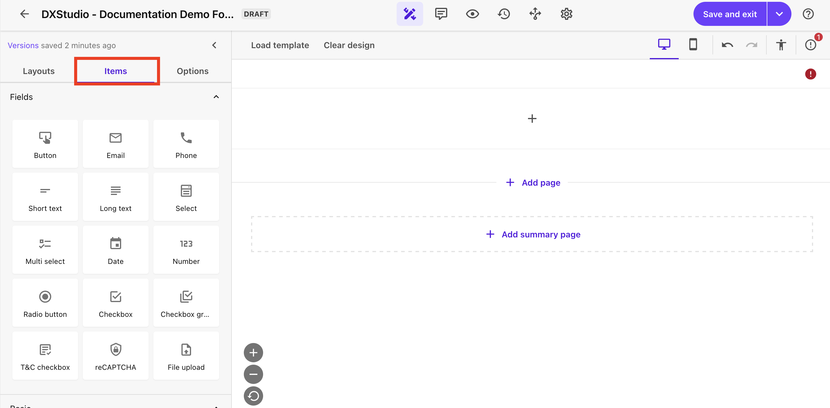 The Items tab is marked with a red box on the Forms Edit panel view.