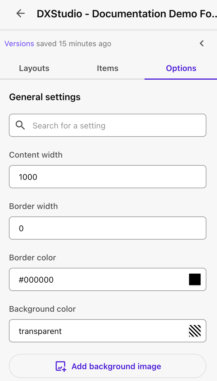 The Forms Options tab includes various fields to edit formatting settings for the form.