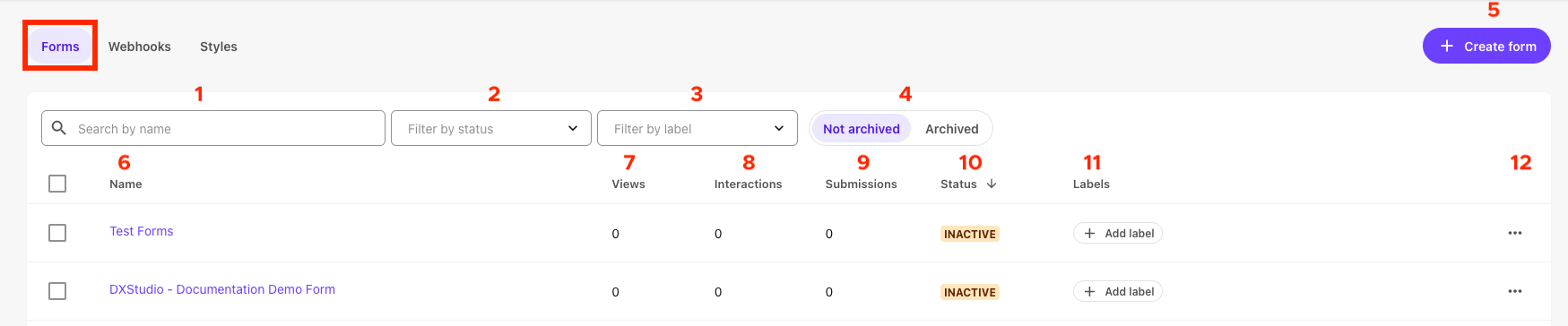 Menu icons on the forms tab are numbered 1 through 12, corresponding to the index provided on this page.