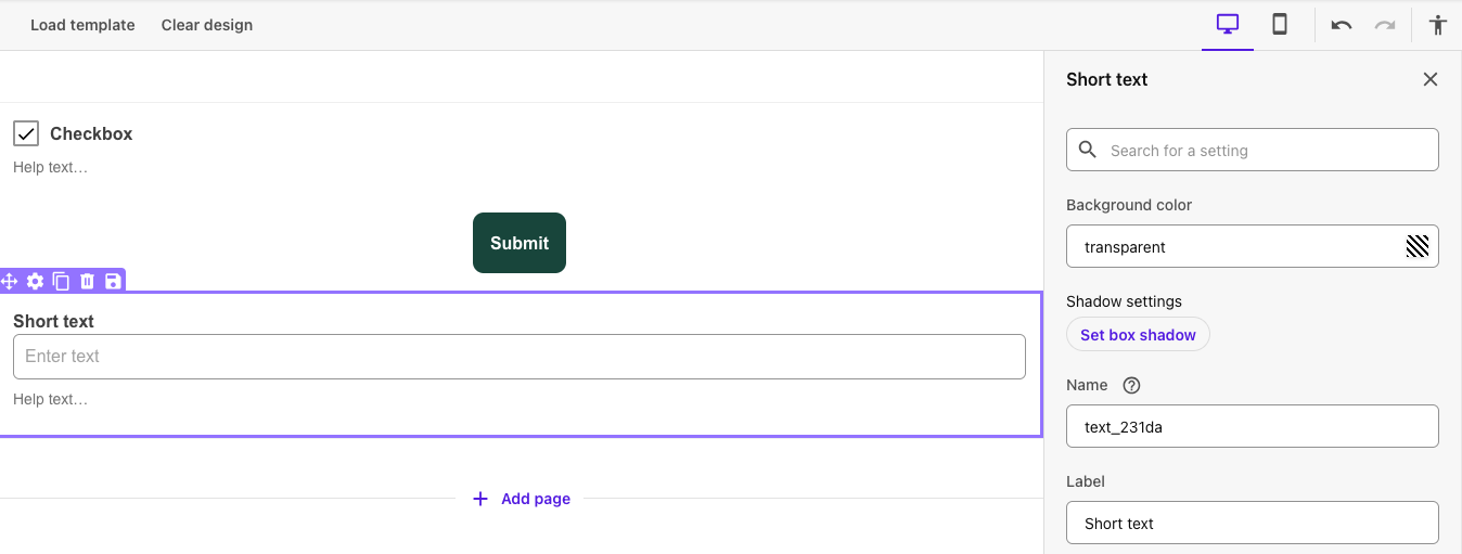 A Short Text field appears under the Submit button field