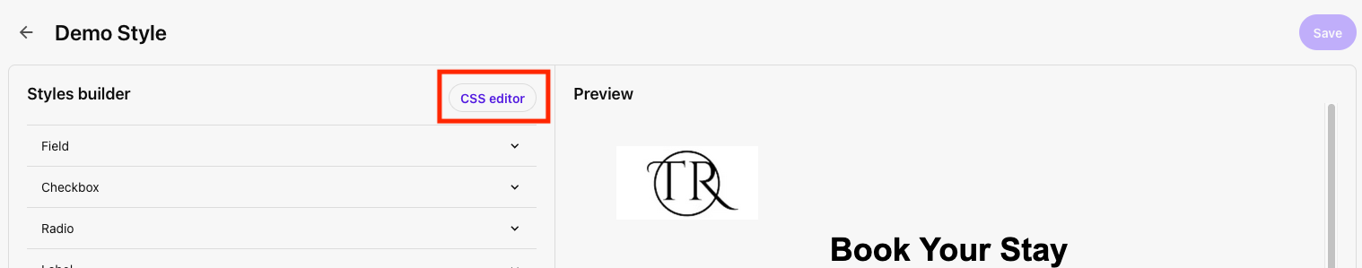 The CSS editor button is marked with a red outline