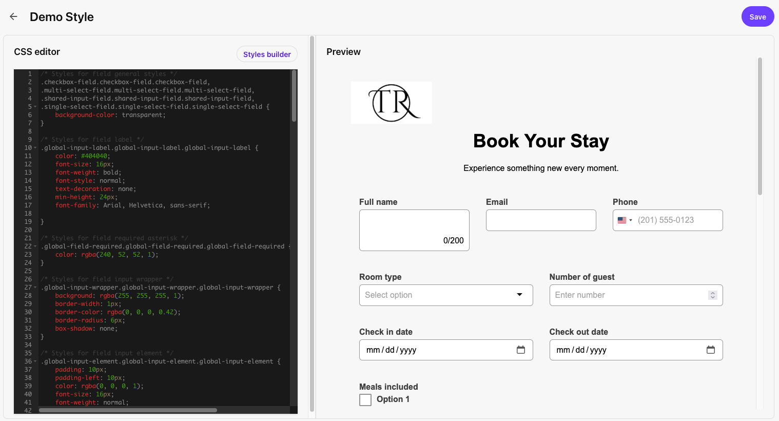 The styles editor mode enables editing with CSS code.