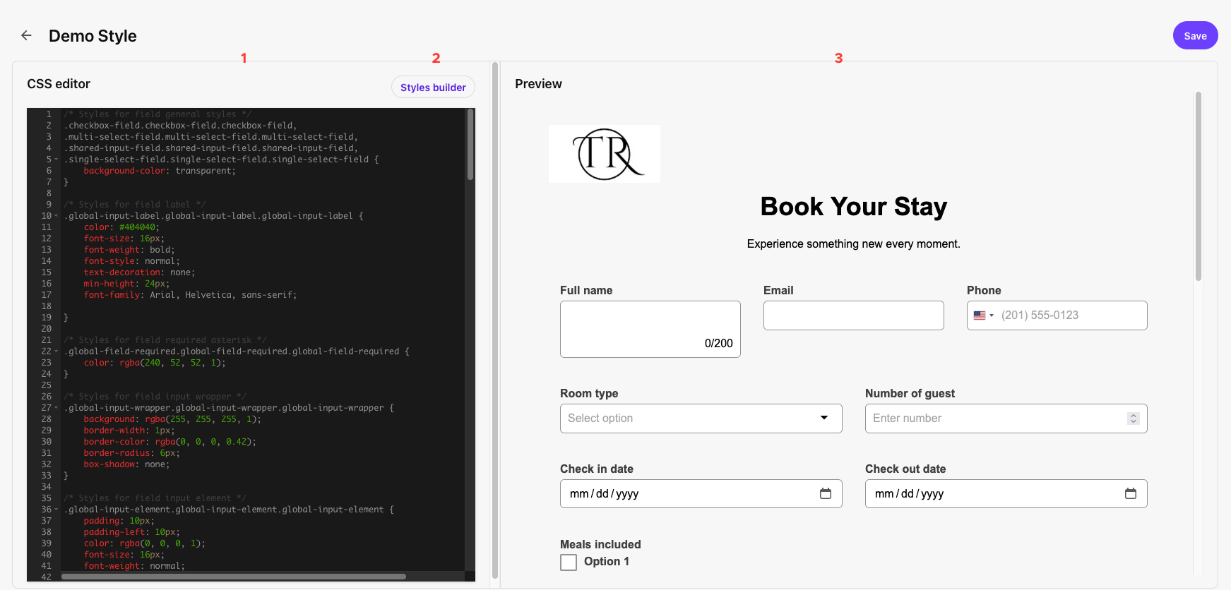 The styles editor panel with menu icons numbered to match the index that appears on this page.
