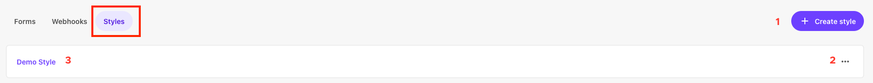 Menu icons on the Styles tab are numbered 1 through 3, corresponding to the index provided on this page.