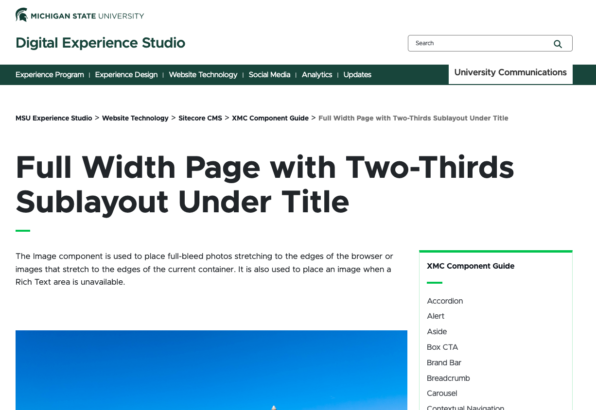 A full width page with a two-thirds sublayout component beneath the title block