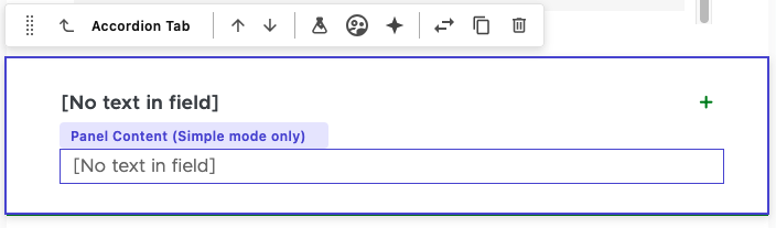 Screenshot showing what the Accordion component looks like when initially placed on the page. The title field reads 
