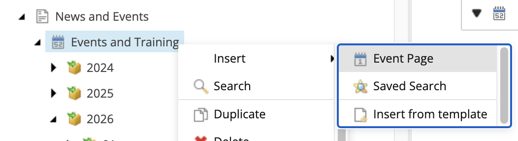 Screeenshot of the insert menu on an event page.