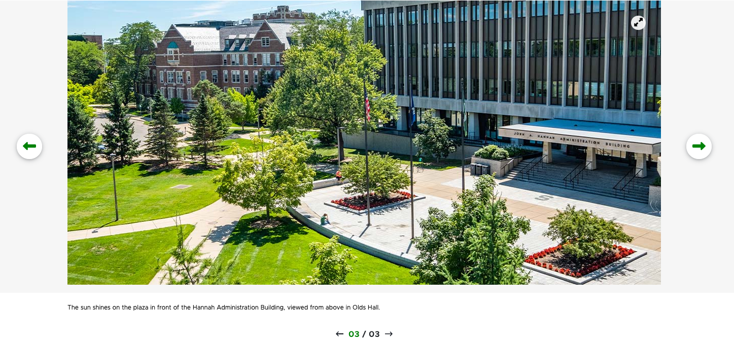 A screenshot of a carousel slide featuring an aerial photo of the Hannah Administration Building.