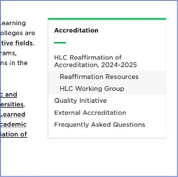 A contextual navigation menu on the Accreditation page showing two levels of links.