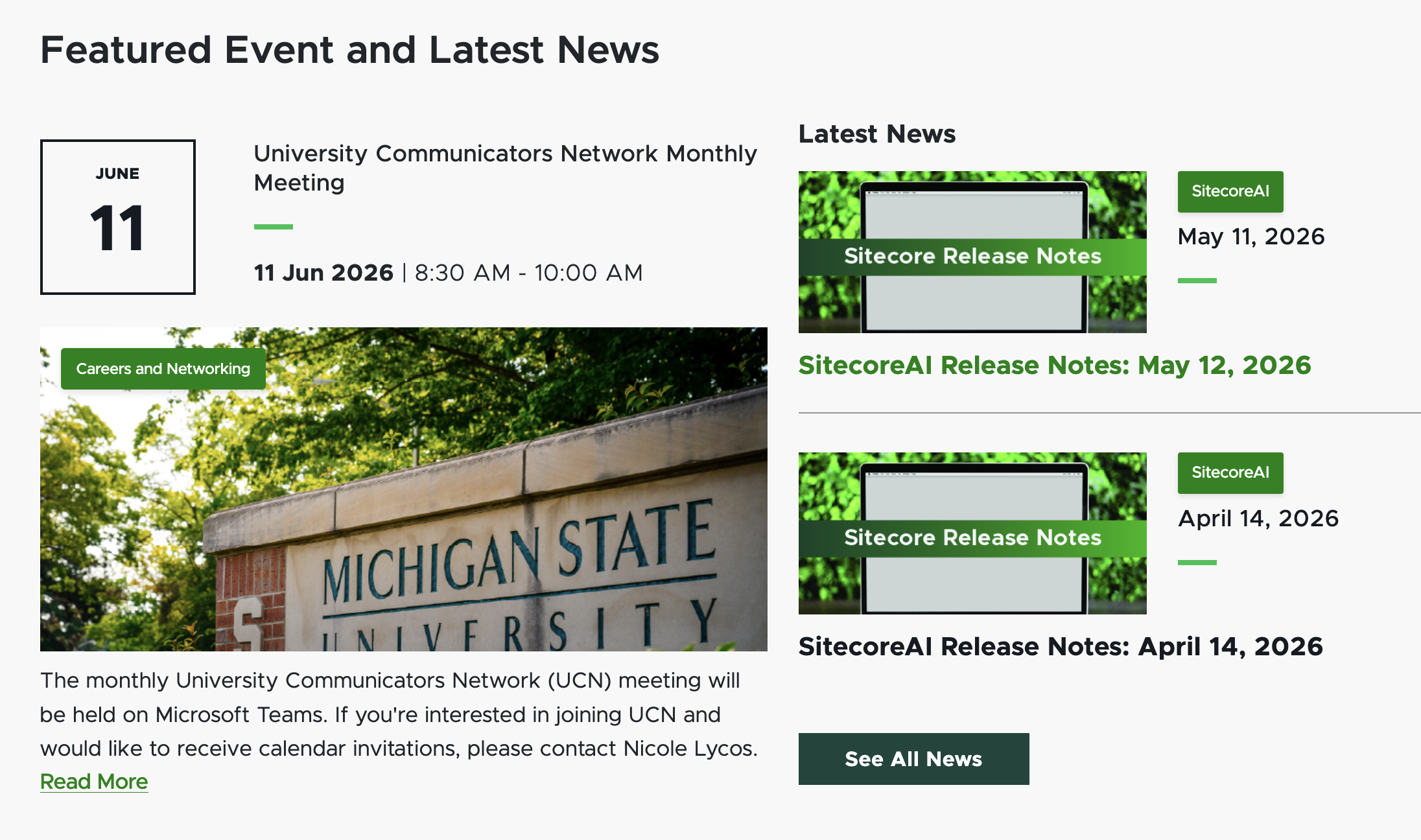 A screenshot showing one featured event item on the left and two recent news items on the right.