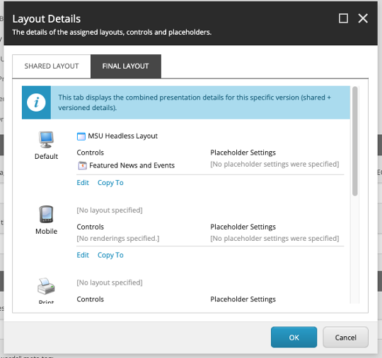 The layout details tab includes a link for the Featured News and Events component, used to adjust display settings for the component on the page.