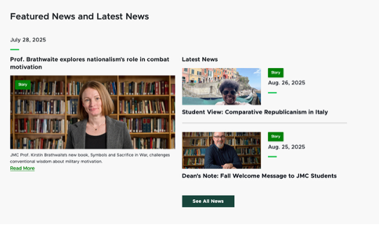A sample of the Featured News and Latest News variant displays one large featured story on the left and two smaller latest news items on the right above a view all button linking to the full list of news stories.