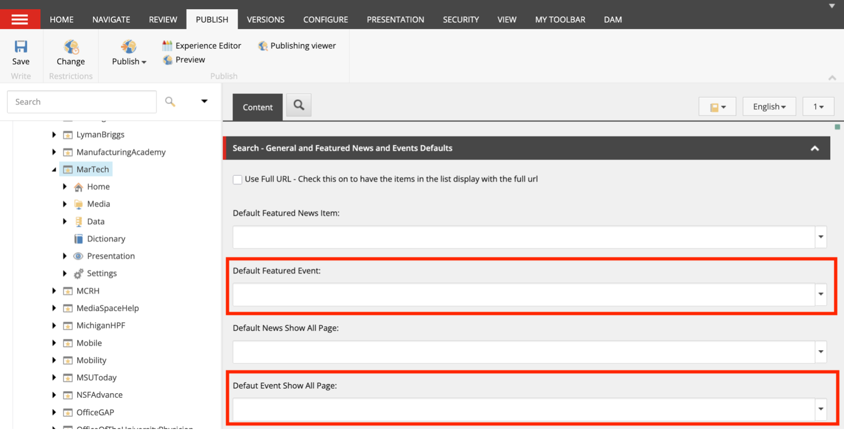 The Content Editor settings panel with fields for setting a default event and event view all link. 