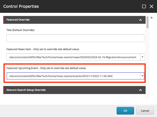 In Content Editor the featured event can be overridden on the page using a field marked with a red box.