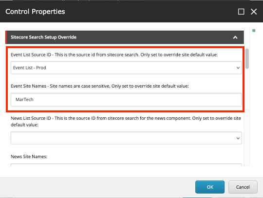 The event list data source and site name field are marked with a red outline in this screenshot from Content Editor.