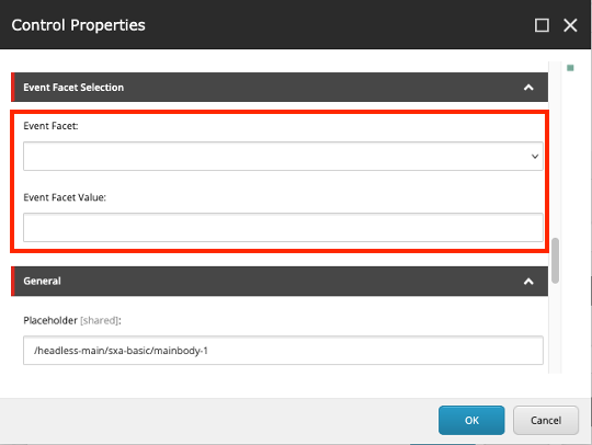 The event facet source and facet value fields are marked with a red outline in this screenshot from Content Editor.