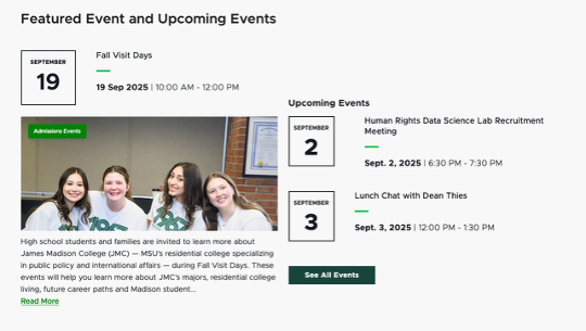 A sample of the Featured Event and Upcoming Events variant displays one large featured event on the left and two smaller upcoming event items on the right above a view all button linking to the full list of events.