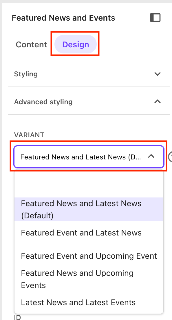 In Pages, the variant is selected using a dropdown menu in the Design tab on the right side of the working space.