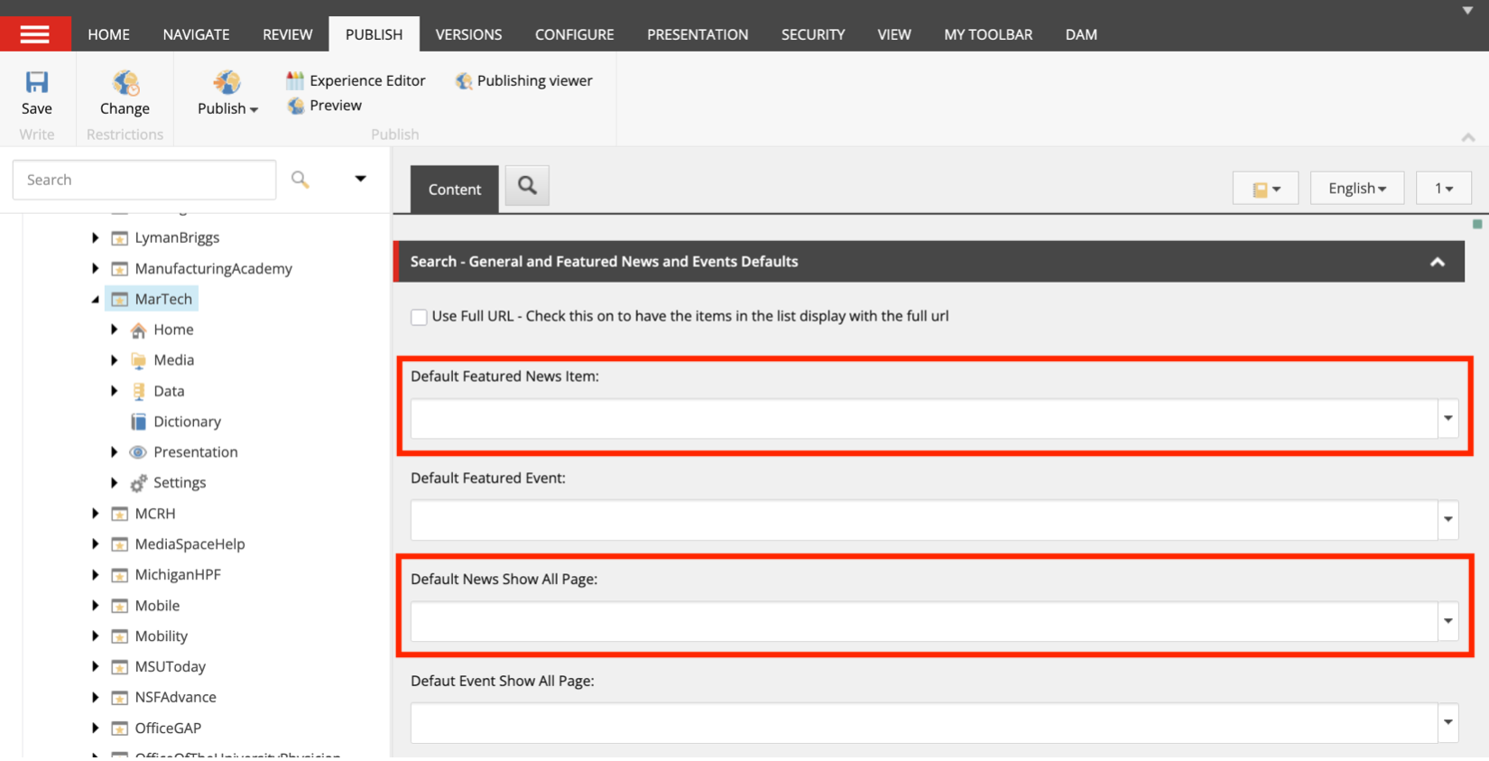 The Content Editor settings panel with fields for setting a default news item and news view all link. 