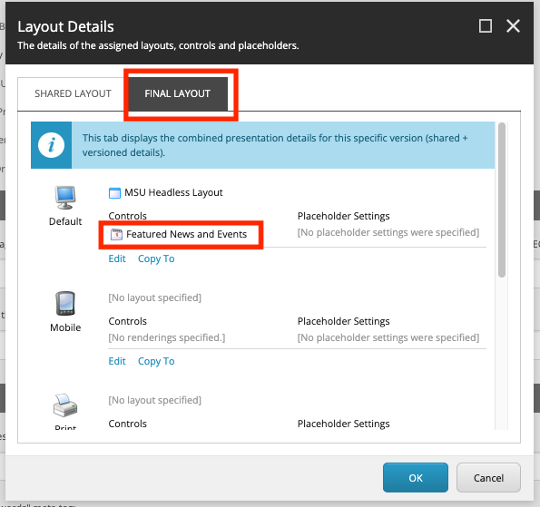 The layout details tab includes a link for the Featured News and Events component, used to adjust display settings for the component on the page.