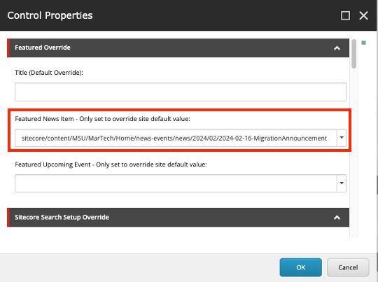 In Content Editor the featured news story can be overridden on the page using a field marked with a red box.