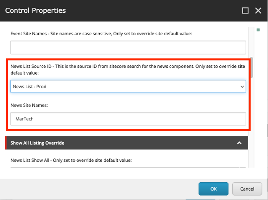 The news list data source and site name field are marked with a red outline in this screenshot from Content Editor.