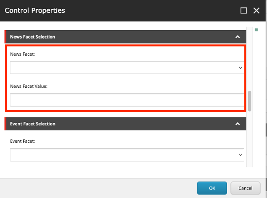The news facet source and facet value fields are marked with a red outline in this screenshot from Content Editor.